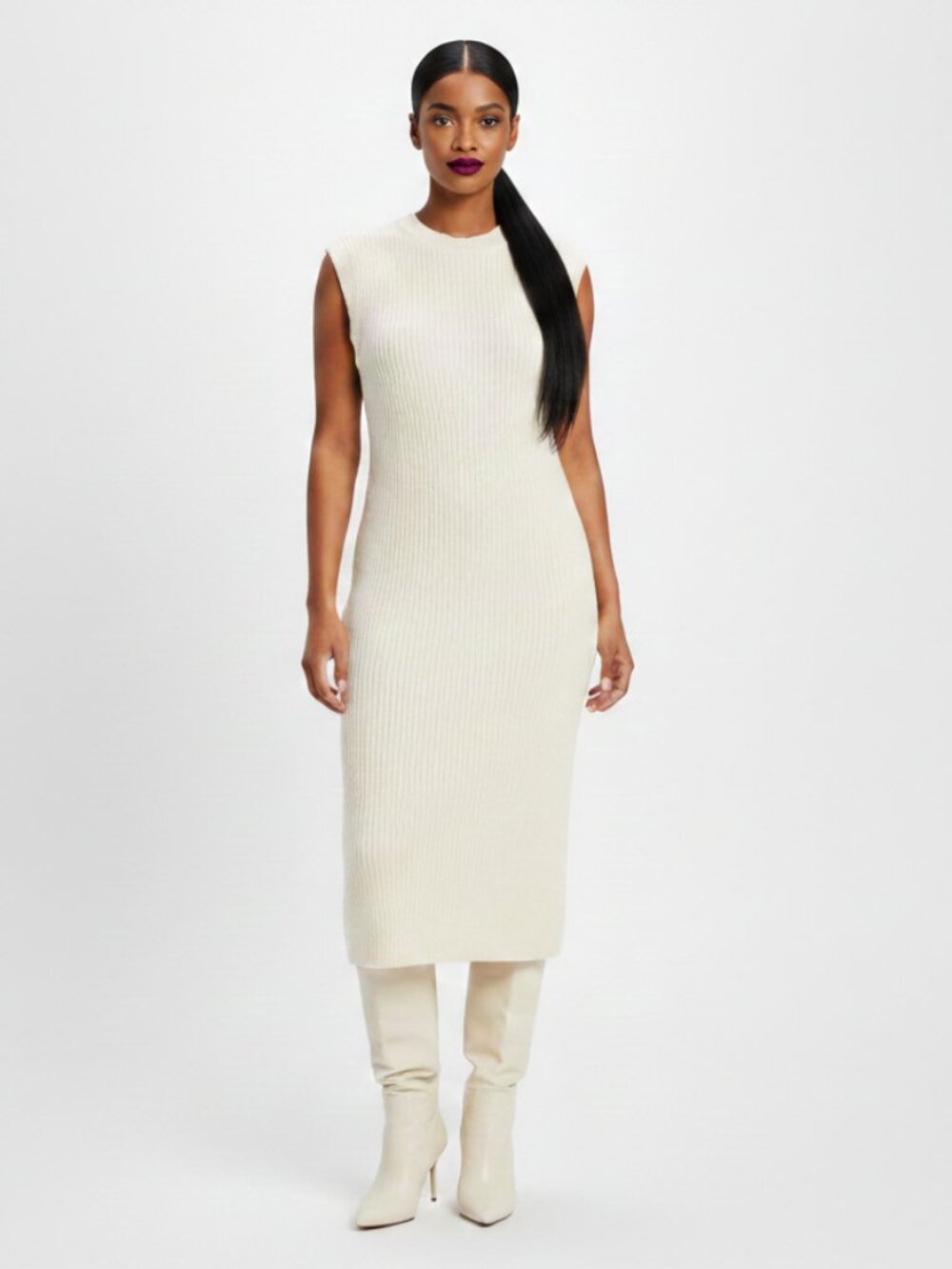 Chic Ivory Sleeveless Rib-Knit Midi Dress - Elegant & Cozy
